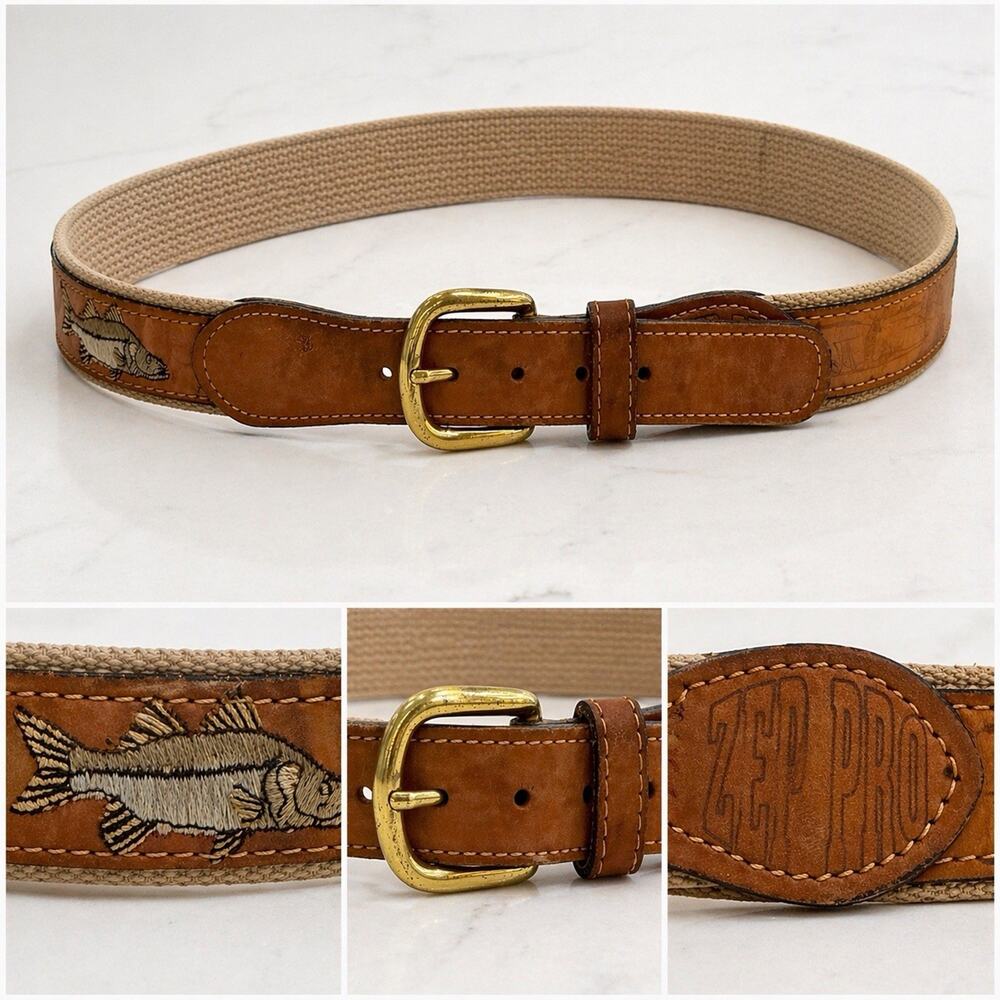 Vintage Zep-Pro Size 36 Fish Embroidered Canvas Leather Belt Brass Buckle Preppy